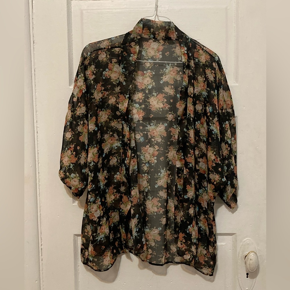Sheer Floral Shawl Duster Jacket